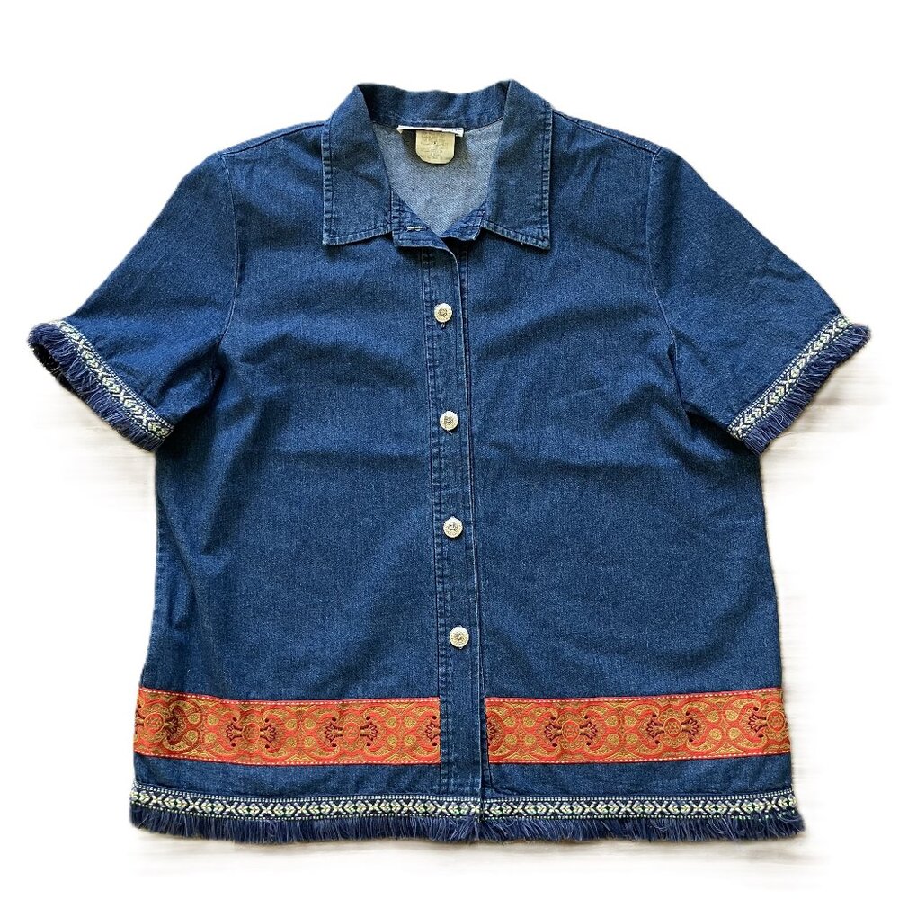 HL Design Fringed Denim Chambray Shirt Ribbon Trim Short Sleeves Vintage 90s